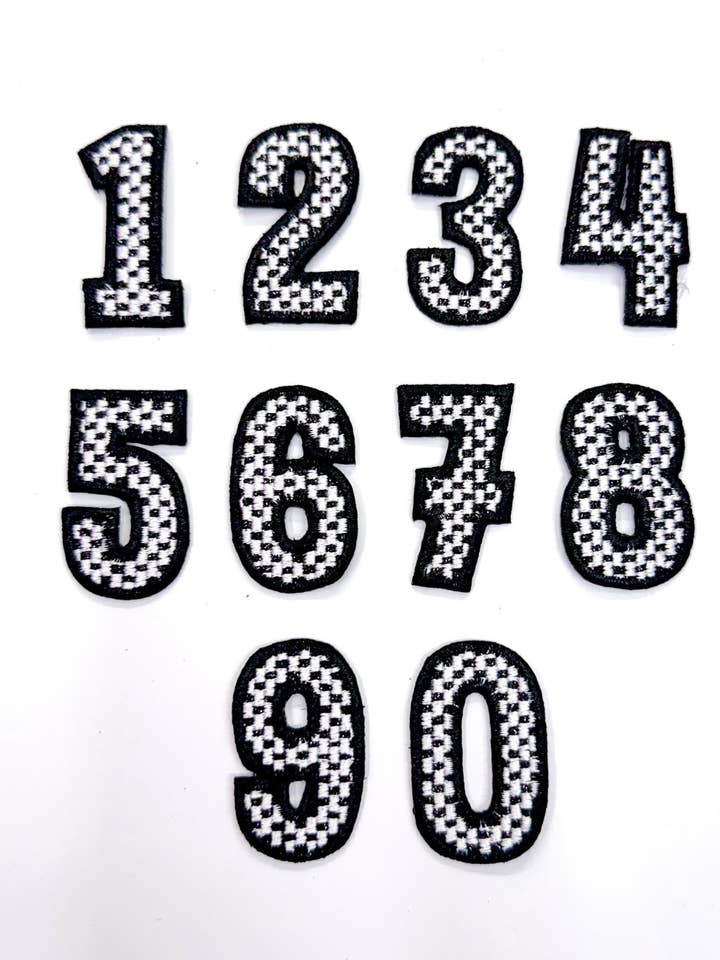 2” Black Checkered Numbers Glitter Embroidery Patch for wholesale by ABLNco
