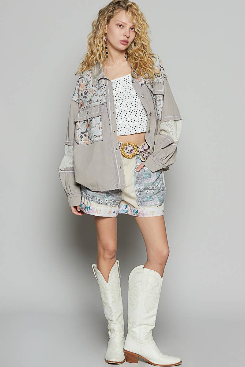 Pol Clothing - Wholesale Shirt Jacket/Shacket - Women's - Balloon sleeve printed woven mixed denim shacket SALE20