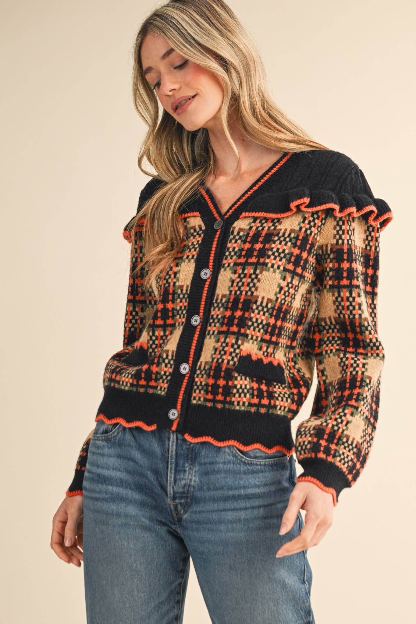&MERCI - Wholesale Cardigan - Women's - RUFFLED YOKE PLAID SWEATER CARDIGAN MSW111852