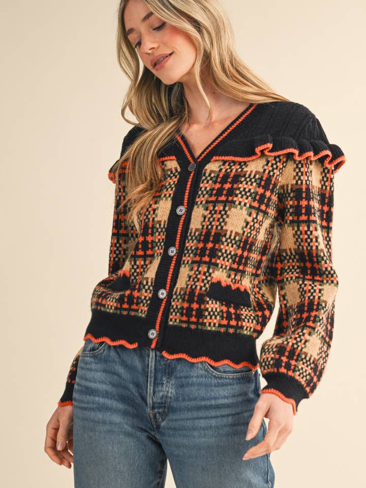 &MERCI - Wholesale Cardigan - Women's - RUFFLED YOKE PLAID SWEATER CARDIGAN MSW111852