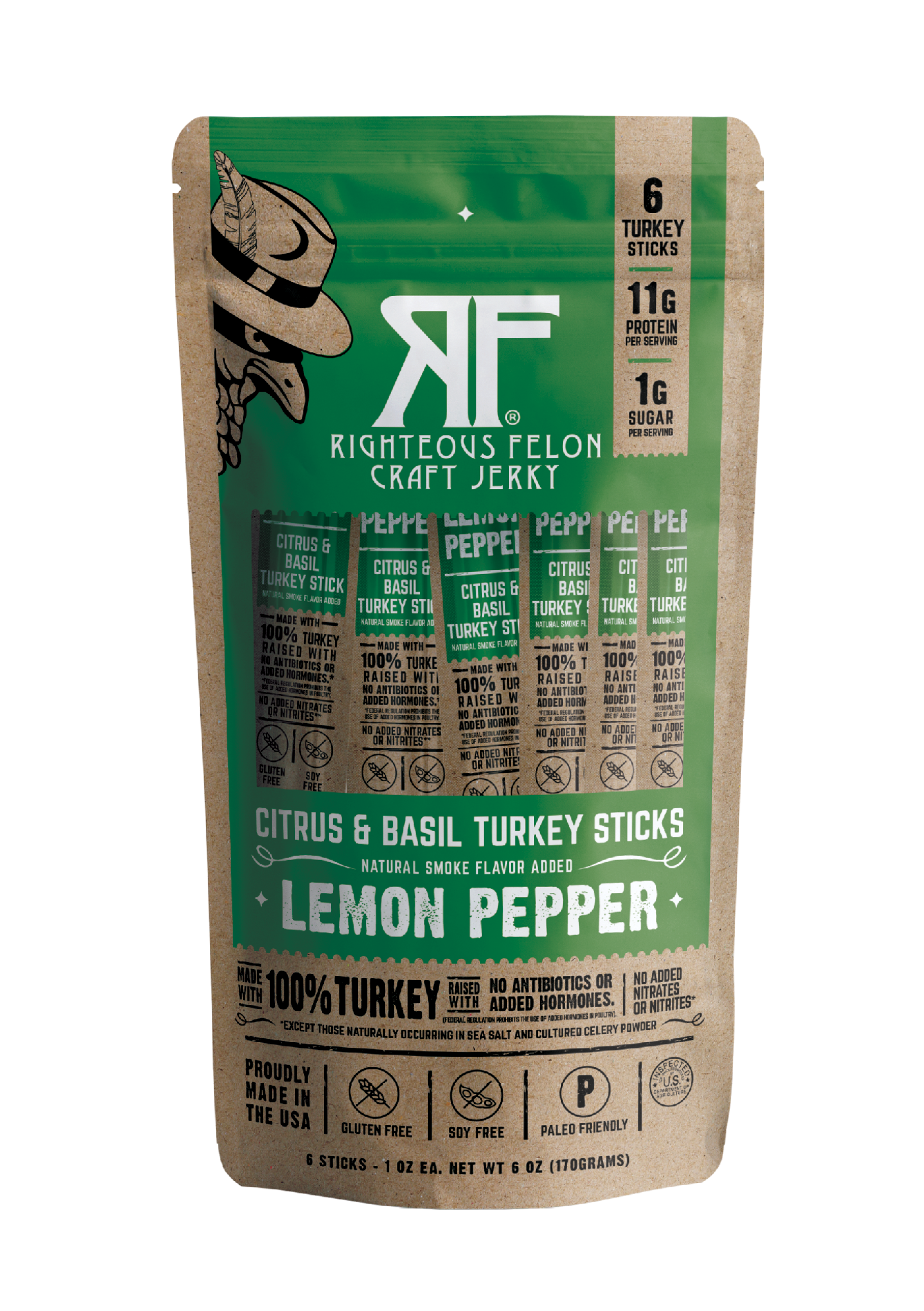 Righteous Felon Craft Jerky - Wholesale Jerky - 6ct Pouch RF Lemon Pepper Turkey Stick 1oz (8ct)0