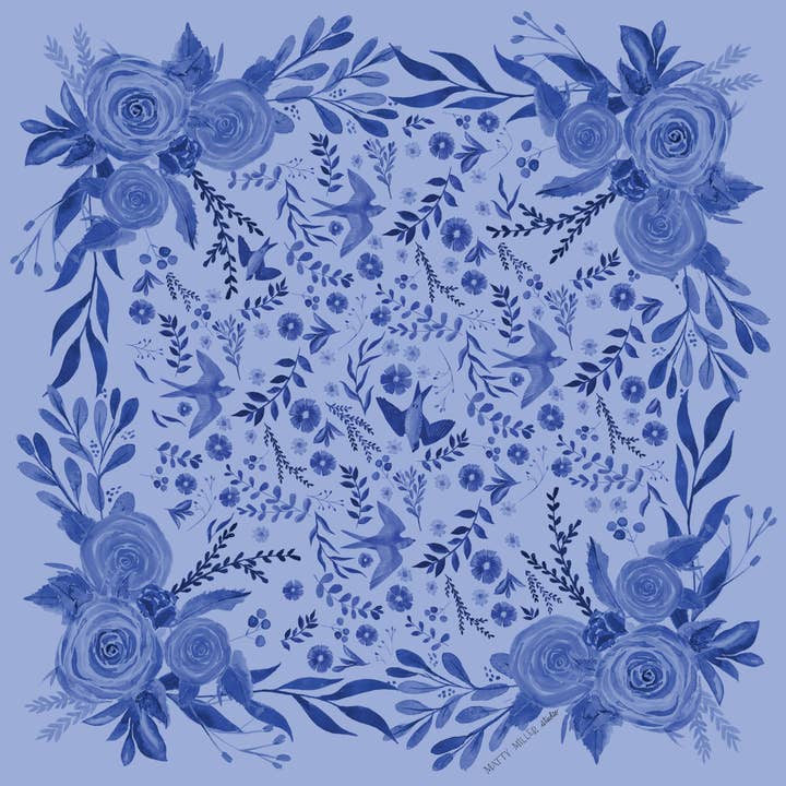 100% Silk Scarf - Zephyr - Blue Botanical Florals & Birds for wholesale by Matty Miller Studio