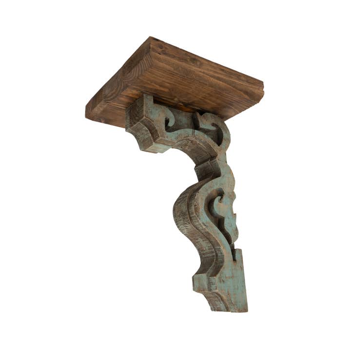 Zuni Wooden Corbel Shelf-Rustic-10Wx10Dx17H in-Turquoise for wholesale by My Amigos Imports