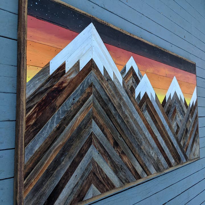 Doxa Design Furniture - Wholesale Wall Accent - Rustic mountain wood wall art asymetrical with sunset.