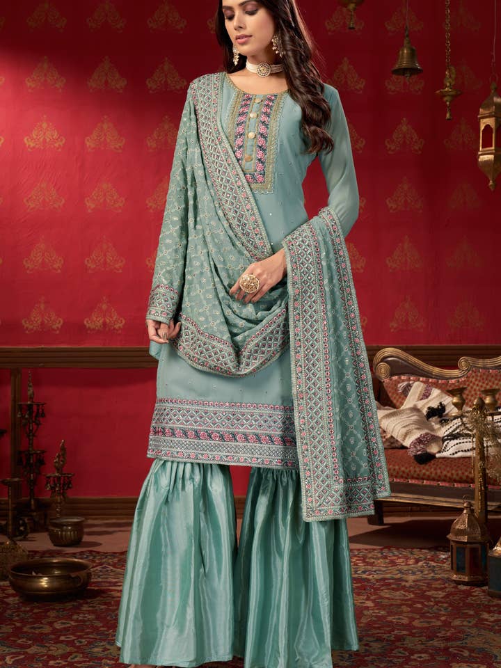 Tealgrå Georgette Sharara-dräkter för bröllop & äktenskap - Broderiarbete för wholesale av HATKE BRIDE