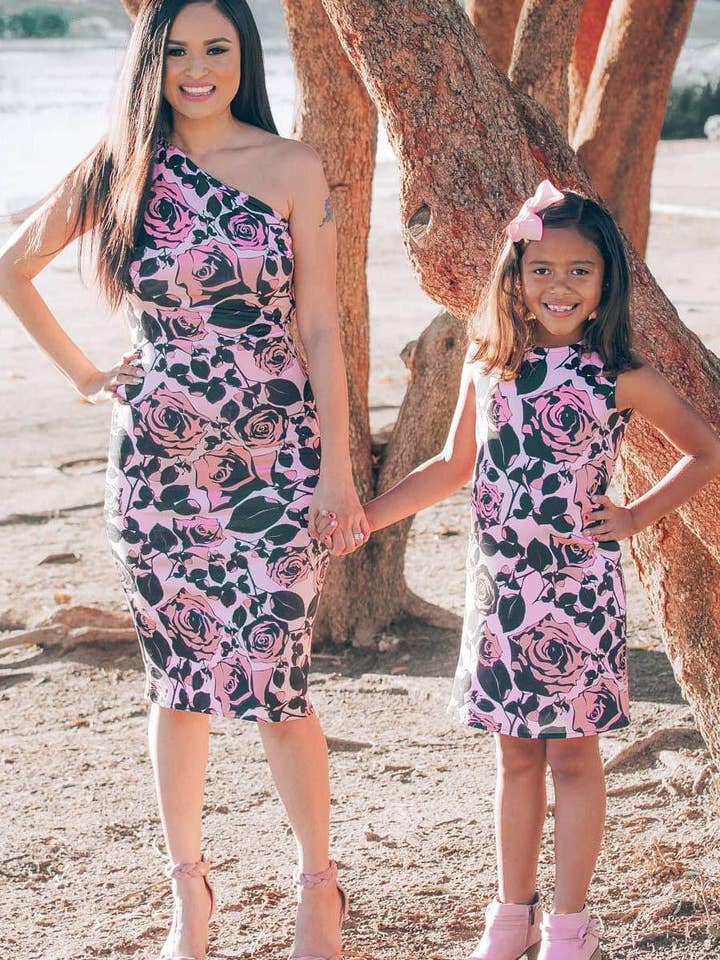 Flirty Girl Pink Black Floral Mommy and Me Dress for wholesale by Pineapple Clothing