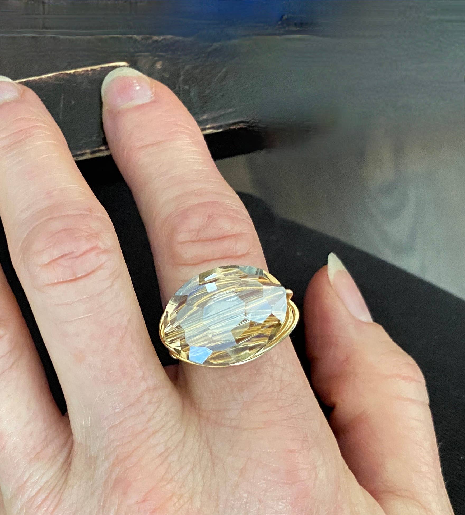 Marble Designs Jewelry - Wholesale Cocktail/Statement Ring - Oval Crystal Wire Wrapped Champagne Gold Ring1