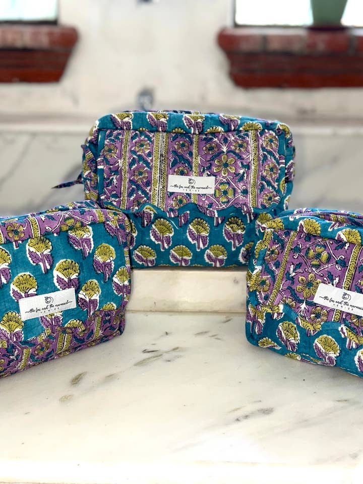 Set of 3 Hand Block Printed Cosmetic and Toiletry Bags for wholesale by The Fox and The Mermaid