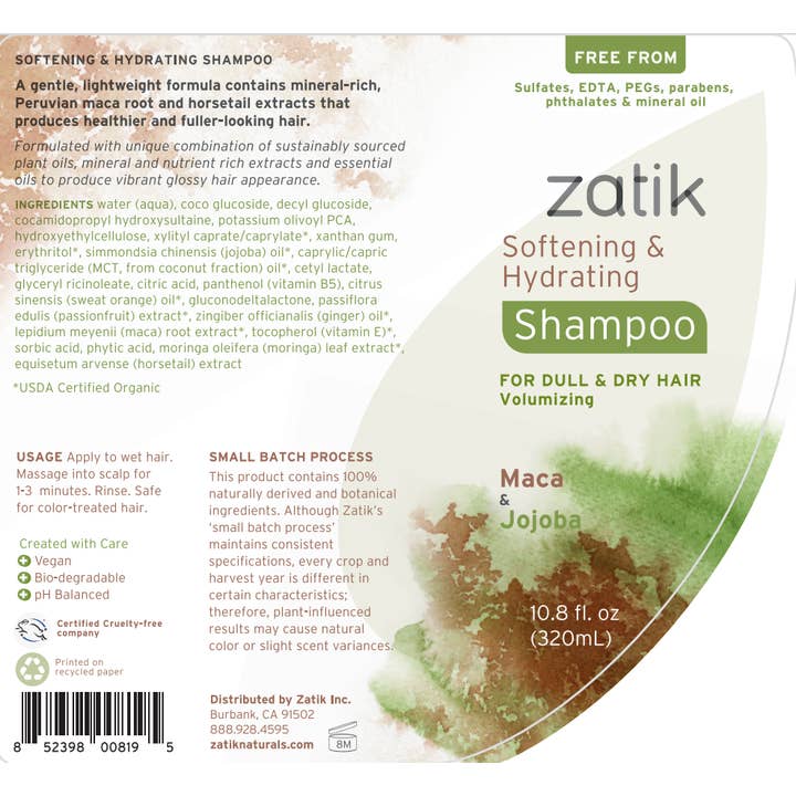 Zatik Naturals - Wholesale Hair Shampoo - Softening & Hydrating Shampoo, Maca & Jojoba, 10.8 oz
1