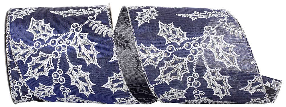 RELIANT RIBBON - Wholesale Ribbon - Gift Wrapping - Holly Glitter Outlines Satin Iridescent Wired Edge, Navy0