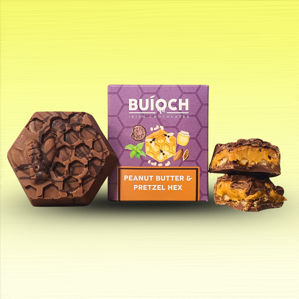 Buíoch Irish Chocolates - Wholesale Chocolate Covered Sweets - Salted Pretzel & Peanut Butter Hex2