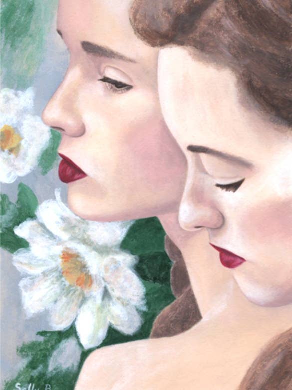 Impression artistique portrait de femmes avec fleurs - illustration de deux femmes pour la vente par Sally B