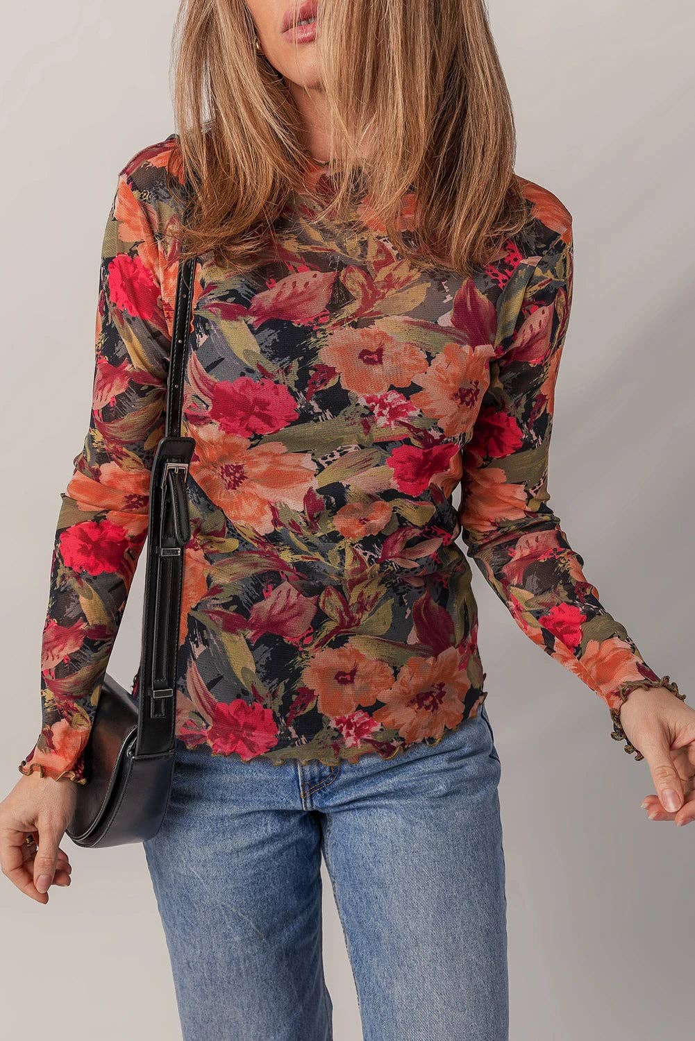 Multicolore Haut en maille à manches longues avec imprimé floral multicolore et bordure en laitue en vente sur Faire2
