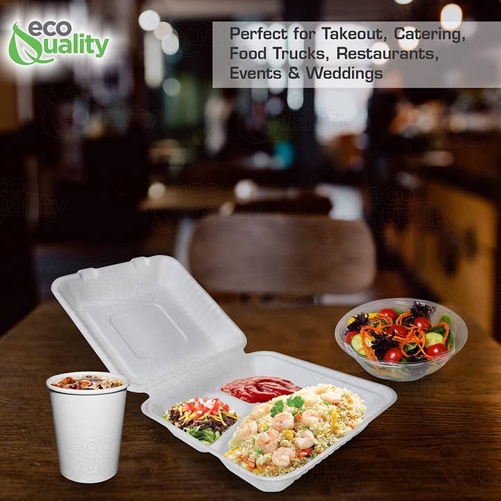EcoQuality - Wholesale Food storage container - Compostable 3-Compartment Rectangular Hinged Clamshell 9x9x35