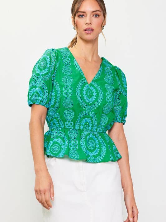 Embroidered Short Sleeve Peplum Top for wholesale by SKIES ARE BLUE