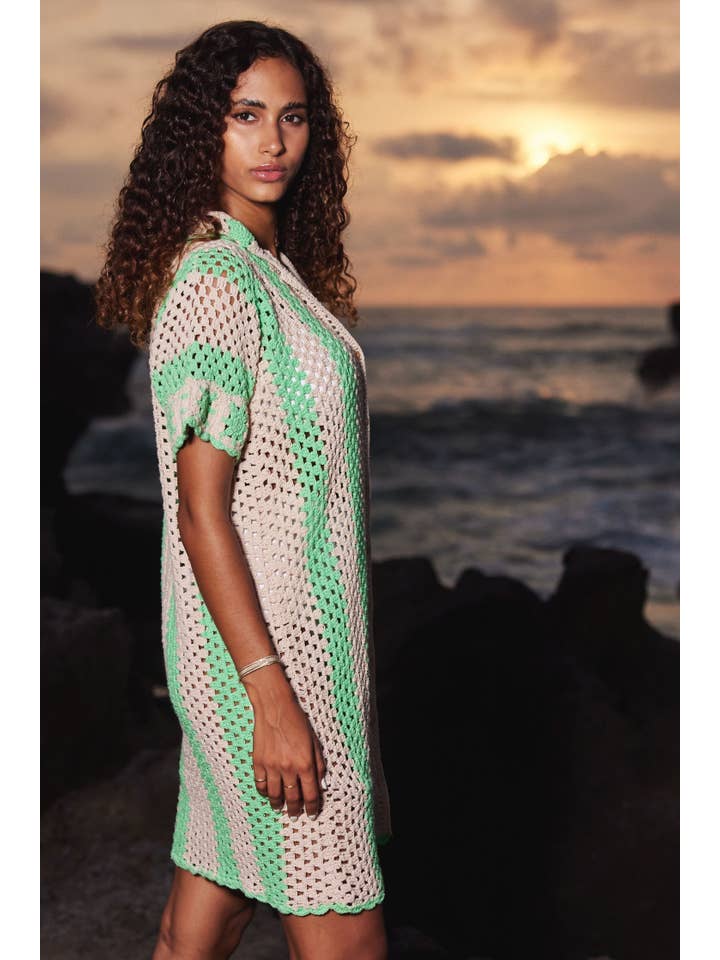 State of Georgia - Wholesale Buttoned-down shirt – Women's - THE COVE CROCHET SHIRT DRESS - GREEN STRIPES3