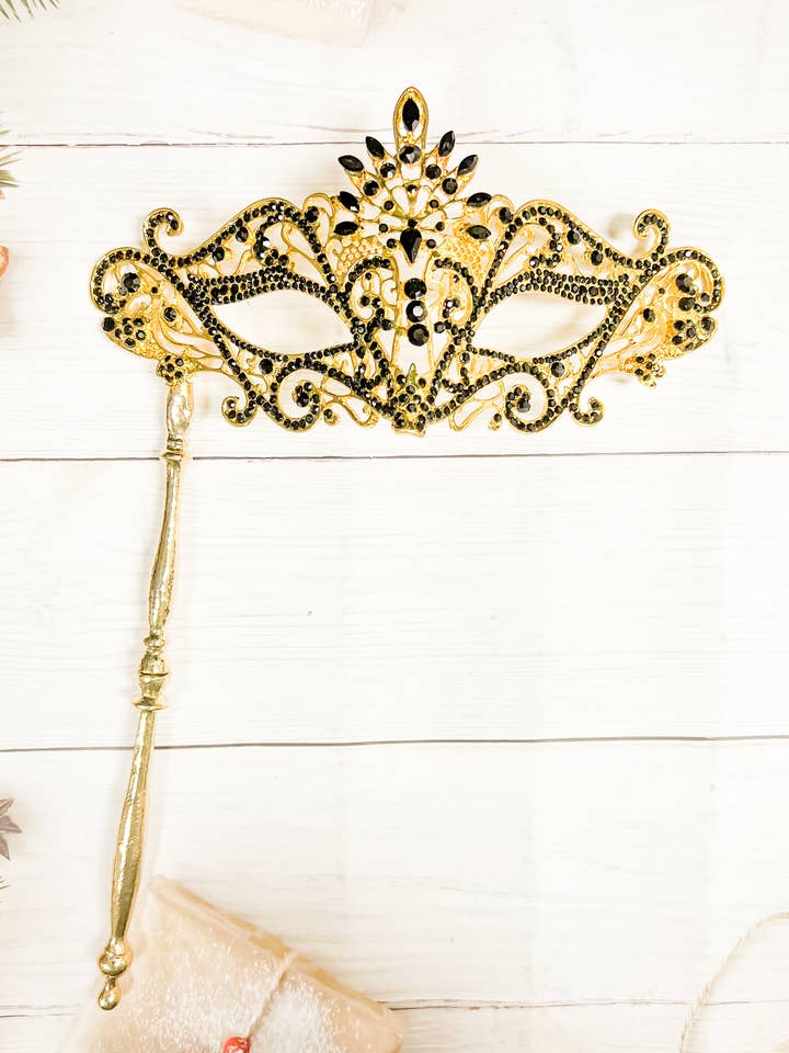 Sort krystal maskerademaskepind, guldmaskerademaske for engroshandel hos Happy Dream Gifts
