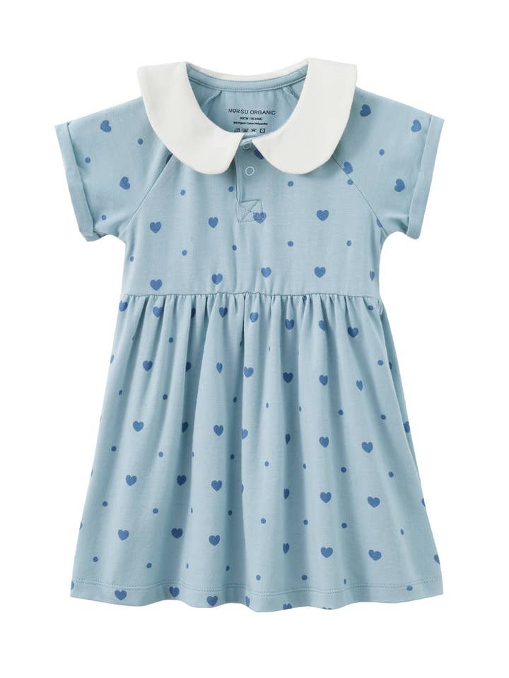 Vestido com Gola de Algodão Orgânico - Corações Azuis por atacado de Norsu Organic