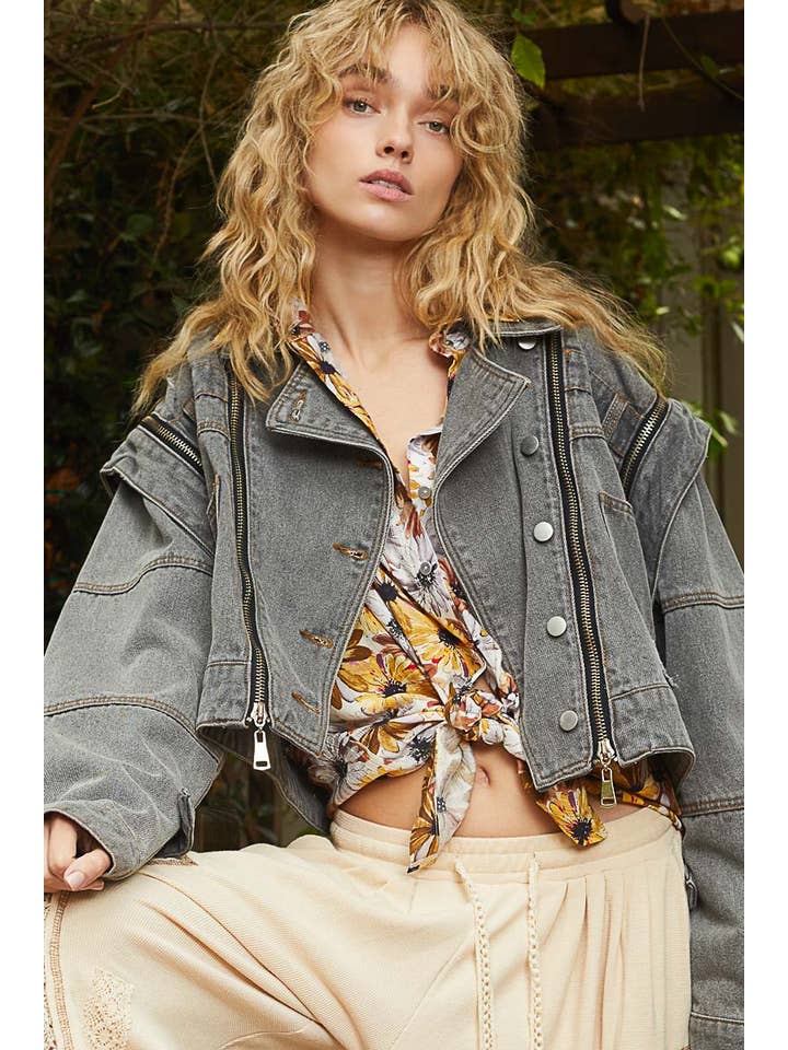 Pol Clothing - Wholesale Denim Jacket - Women's - Oversized denim jacket with zipper detail