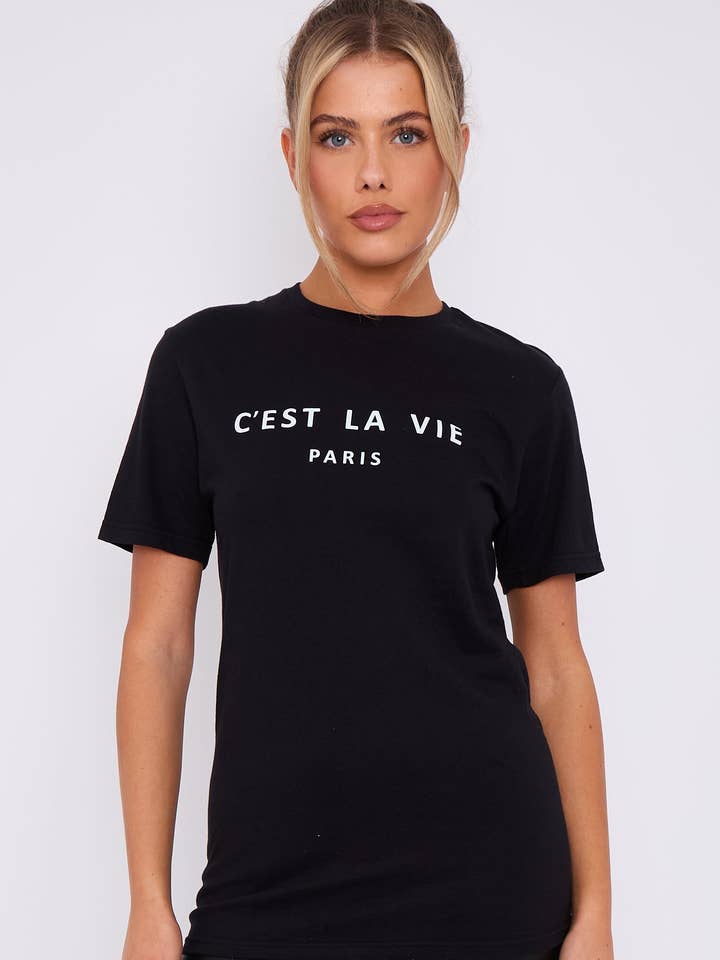 Schwarzes C'est La Vie Kurzarm-T-Shirt mit Rundhalsausschnitt für den Großhandel von Aftershock London