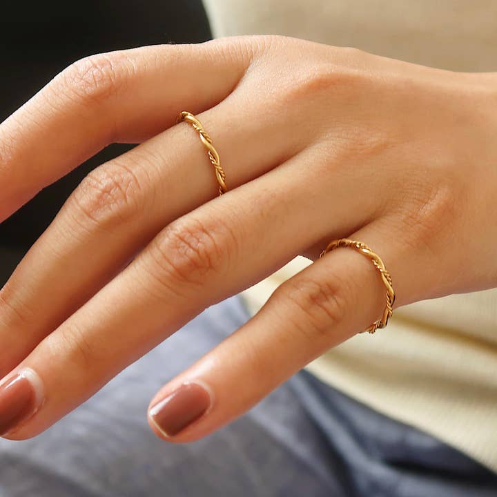 Yellow Gold 18K Non-Tarnish Minimalist Thin Braided Ring for wholesale on Faire2