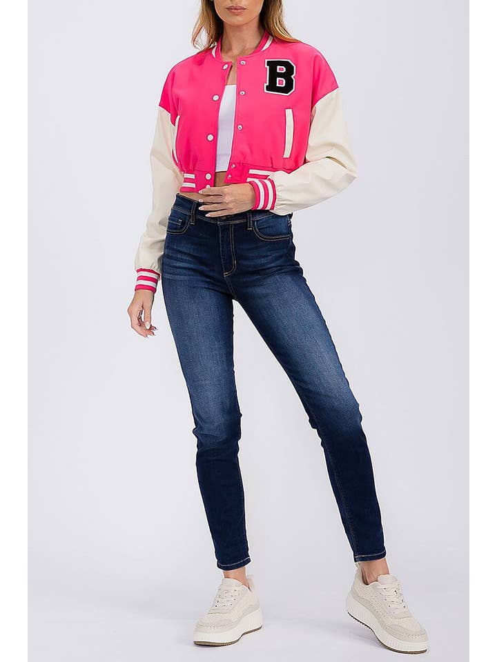 ROUSSEAU - Wholesale Varsity/Baseball Jacket - Women's - PLEATHER SLEEVE BUTTON CLOSURE VARSITY JACKET3