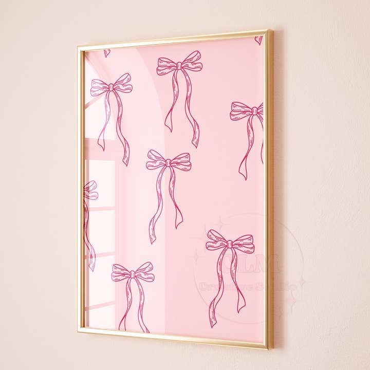 Coquette Pink Bow Minimalist Line Wall Art Prints for wholesale by CLM Creative Studio