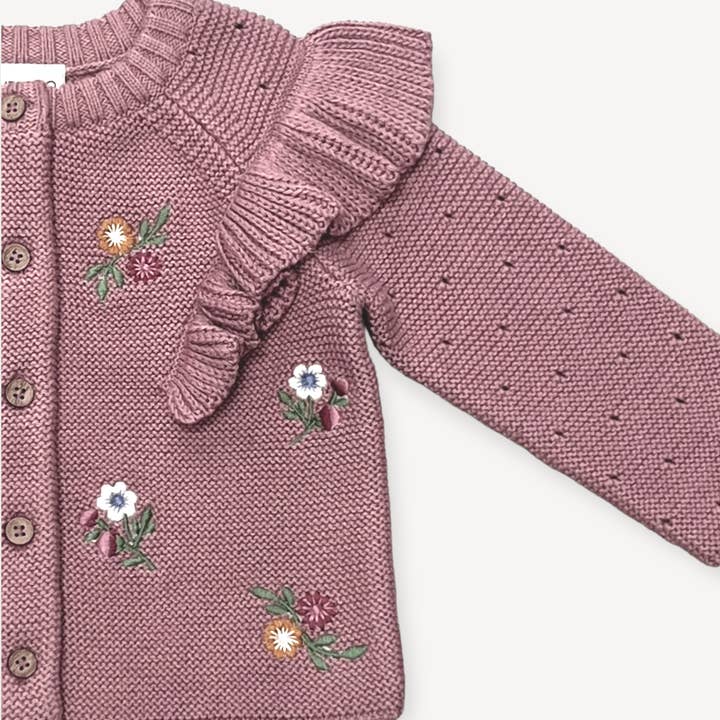 Vintage Rose Floral Embroidered Ruffle Chunky Knit Baby Cardigan- Organic for wholesale on Faire
