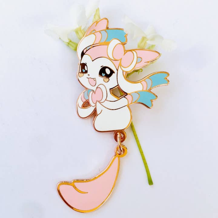 Sylveon Dangling Tail Enamel Pin 3.5" for wholesale by ToasterKiwi