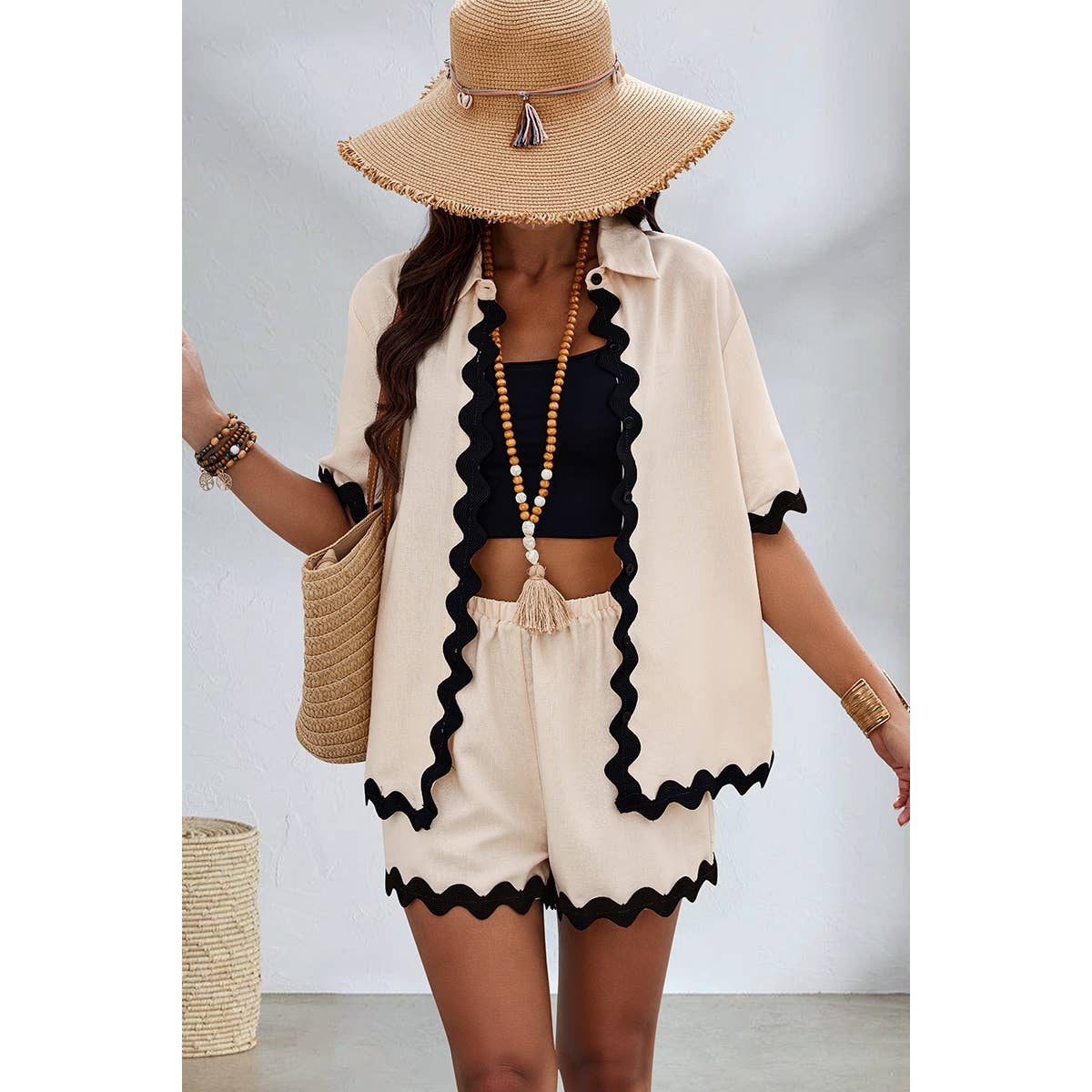 BEGE Conjunto de Blusa com Botões em Dois Tons para venda a revendedores na Faire2