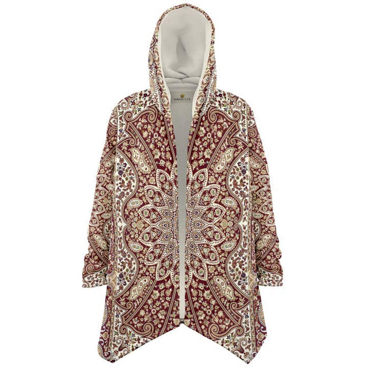 Classic Red Persian Carpet Cuddle Cloak | Unisex Minky Sherpa Lined Hooded Coat | Women and Mens Festival Coat | Mountain Fashion for wholesale by Manifestie