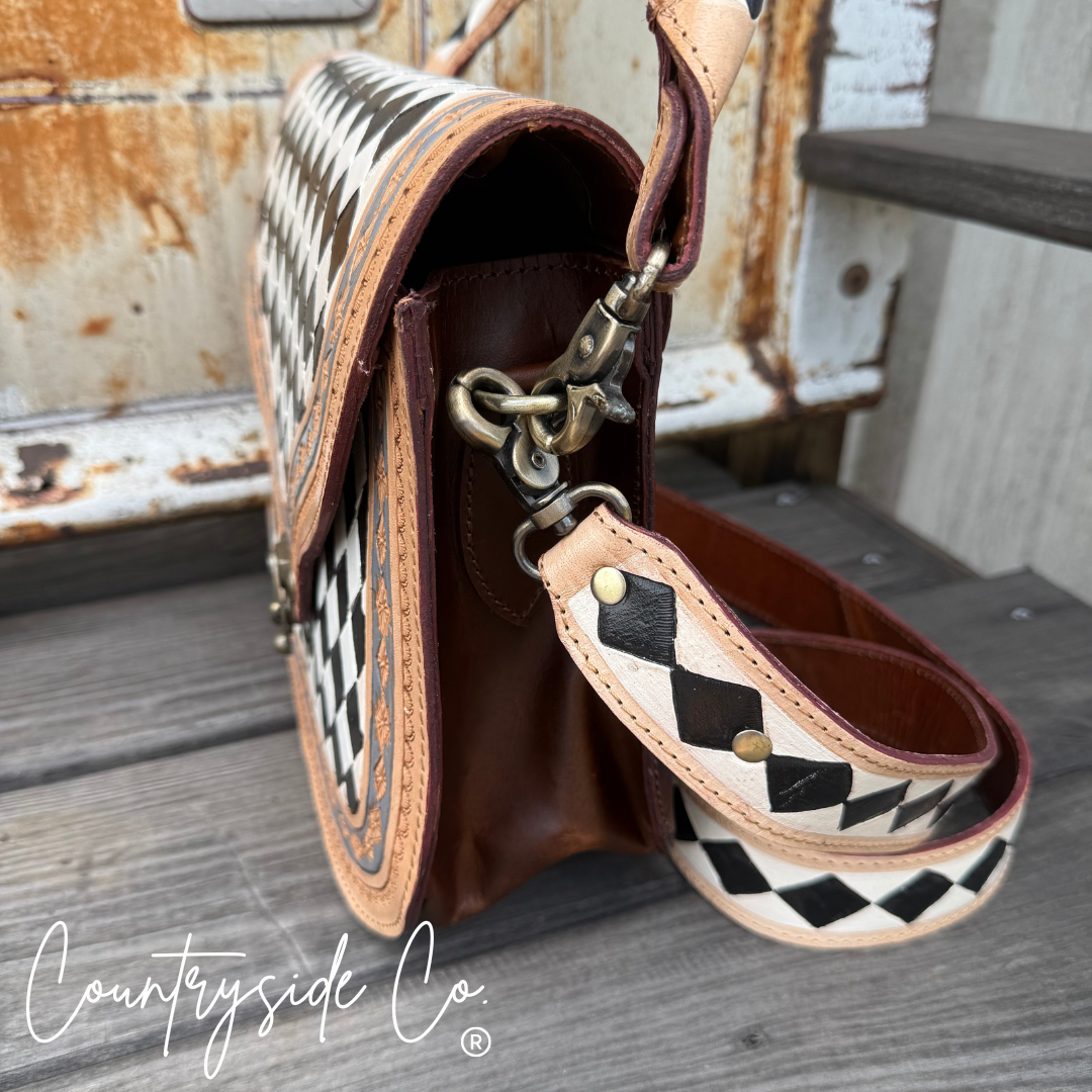 Texas Western Cowhide Bags and More - Wholesale Shoulder Bag - Women's - Zadie Tooled Leather Checkered Handbag, Hand Painted3