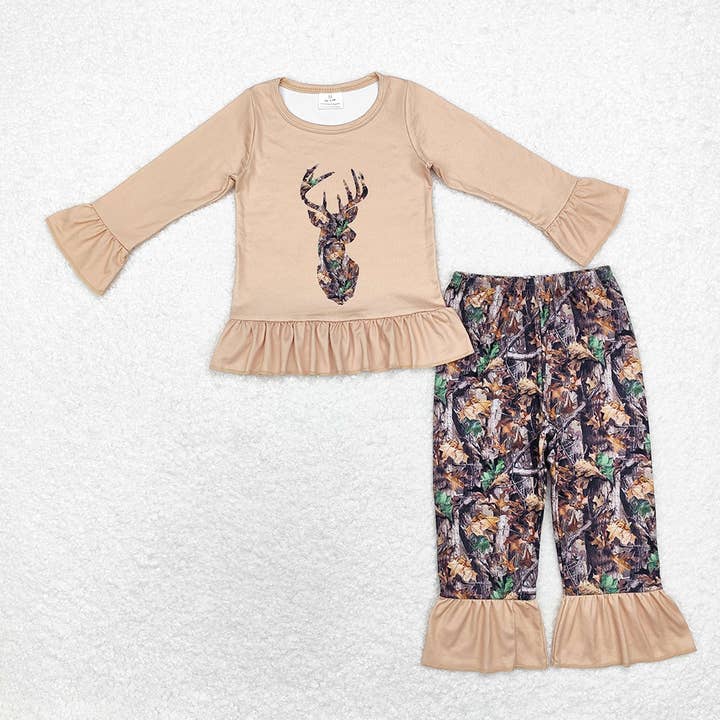 Aier Wholesale - Wholesale Top & Pant Set - Kids - Baby Girls Fall Camo Deer Top Ruffle Pants Clothes Sets