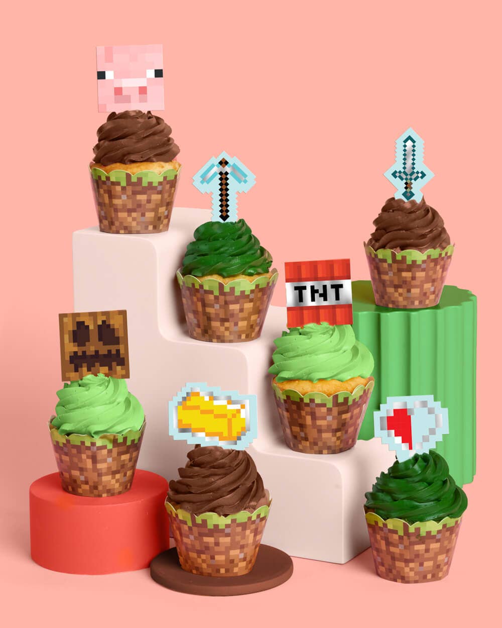 Petit Fetti - Wholesale Cupcake/Muffin Liner - Pixel Mining Cupcake Set - 30 sets of liners + toppers0