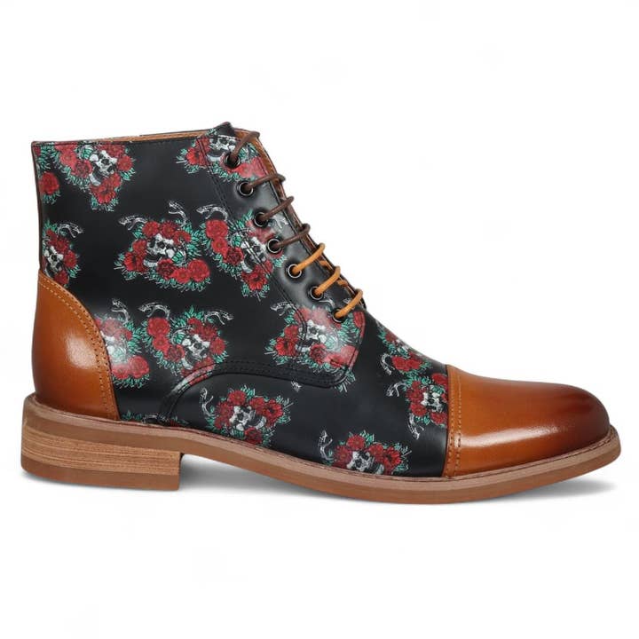 Justin Reess Men's Brown Floral Leather Oxford Ankle Boots - Adam Skull for wholesale by Infinity Leather (Upperclass Fashions Ltd)