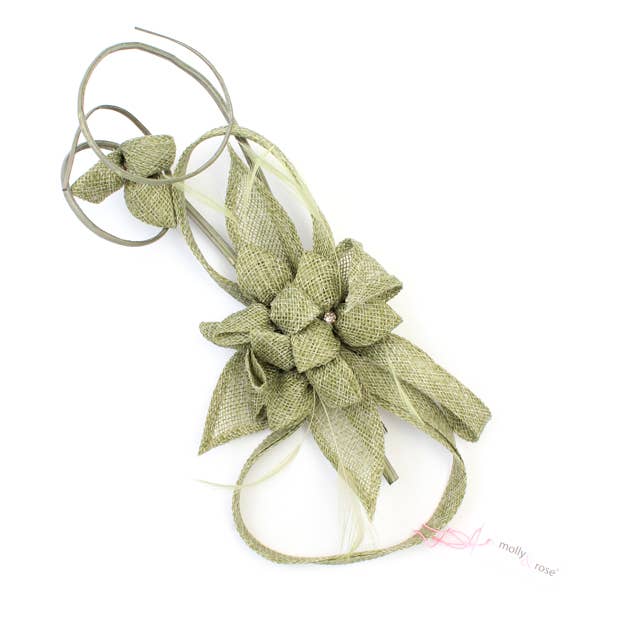 Inca UK – wholesale Fascinator hat – Women's – Style Ruby. Sage Green sinamay flower fascinator with quills