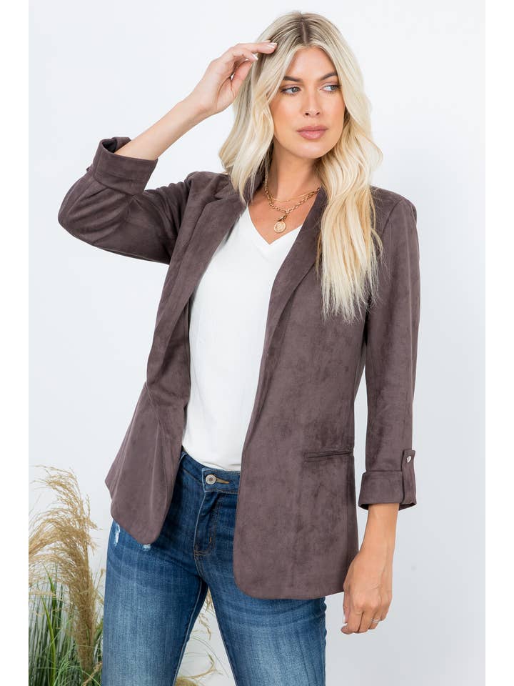 26 International - Wholesale Blazer - Women's - Elegance Open Front Roll Up Suede Blazer