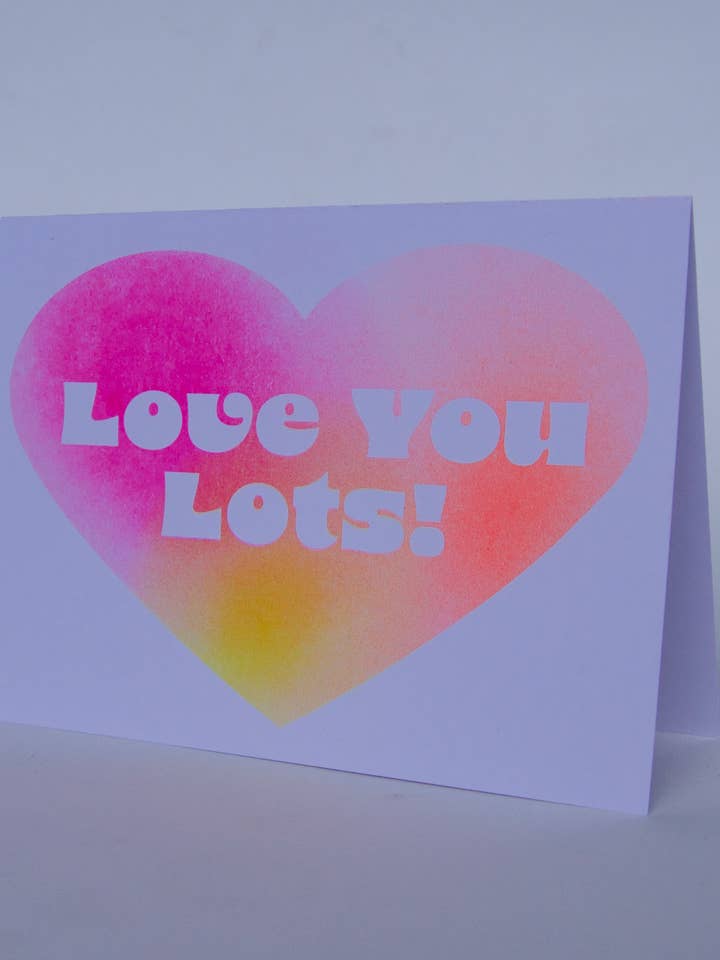 Love You Lots Riso Greeting Card for wholesale by Pencil Urchin Press LLC