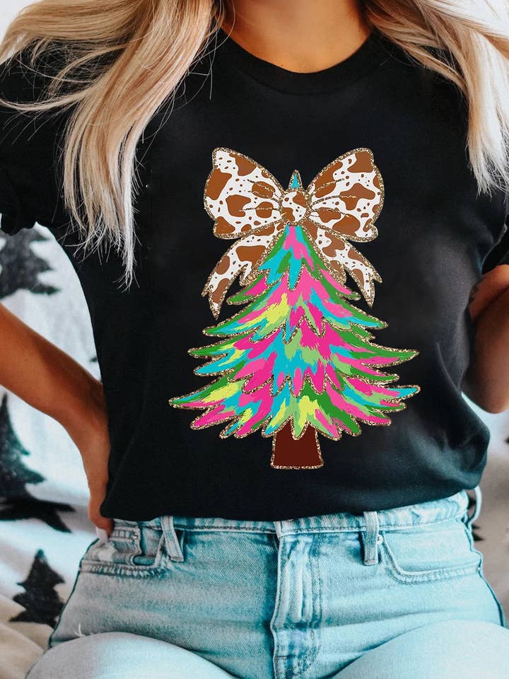 Black Heat Transfer Printing Christmas Tree Bowknot T-Shirt for wholesale on Faire