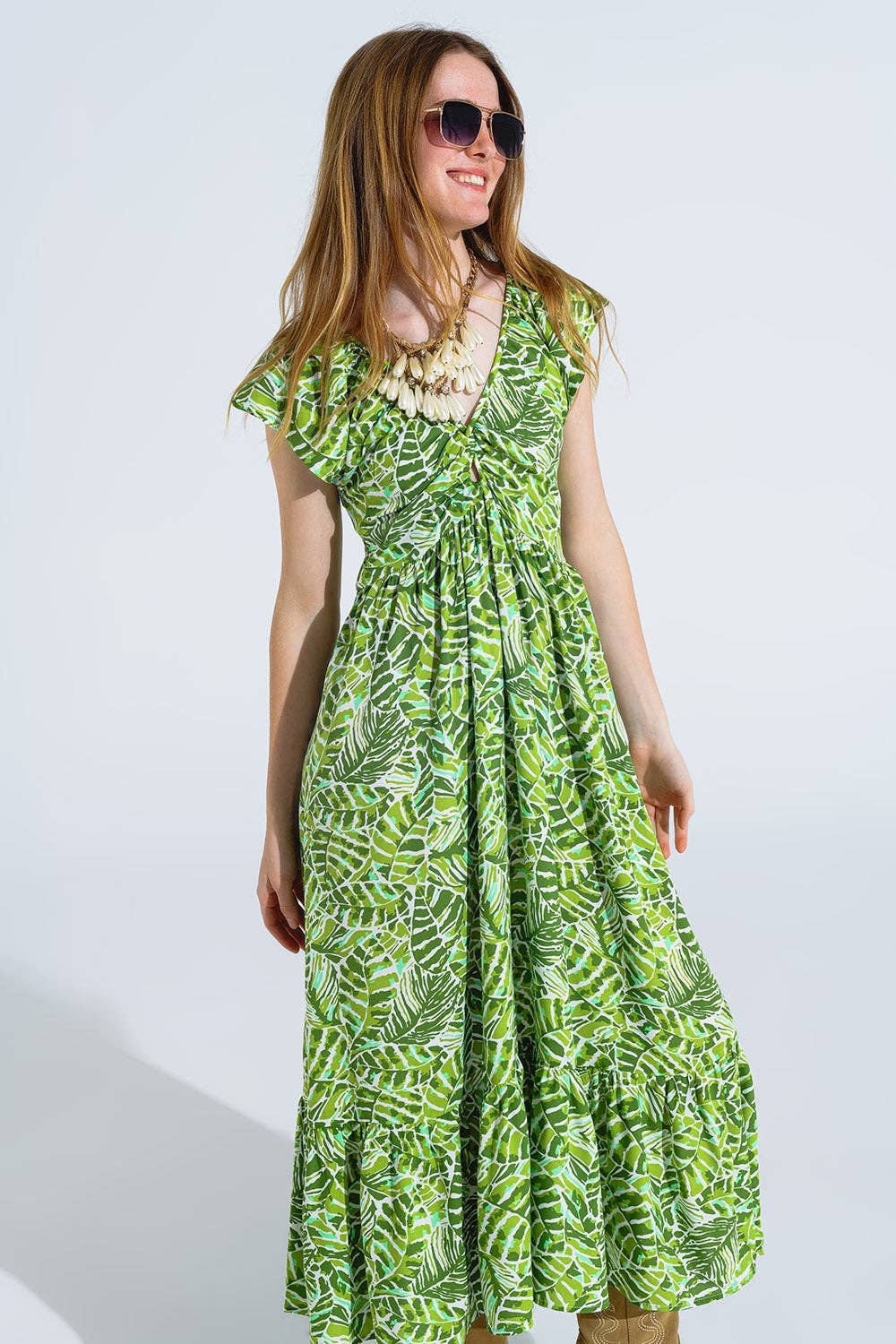 Midi Romantic Dress With Ruffled Short Sleeves in Green Leaf Print for wholesale on Faire3