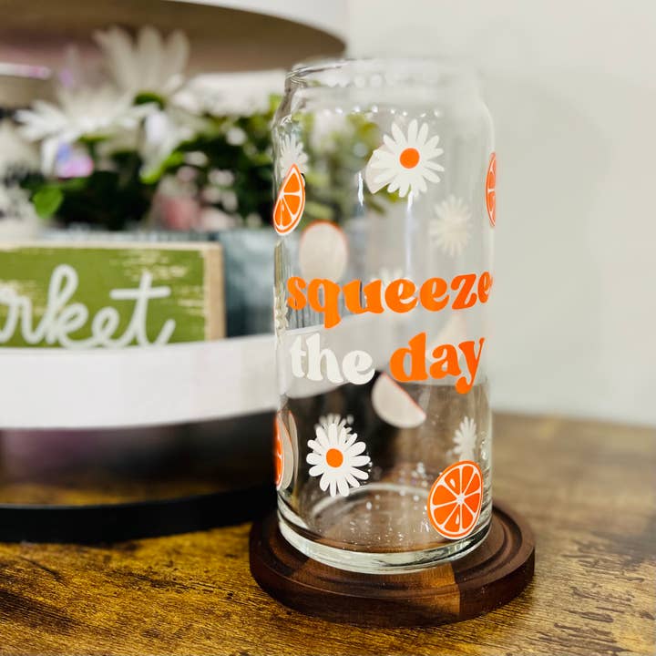 Orange Squeeze The Day - Tazza in vetro da 250 ml per la vendita all'ingrosso da parte di Charlotte Nadine Creations