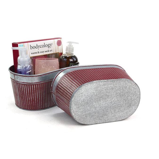 Buhi Imports - Wholesale Gift Box - 11 inch Ribbed Oval Tin with Dark Red patina2