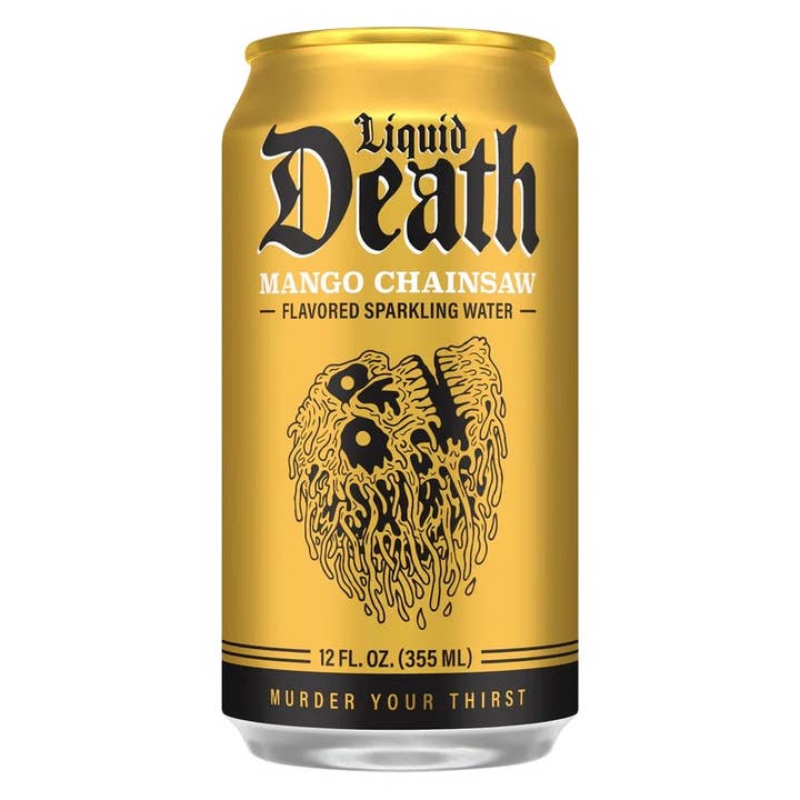 Liquid Death Mango Chainsaw Sparkling Water 12oz, 6ct for wholesale by Grandpa Joe's Candy Shop