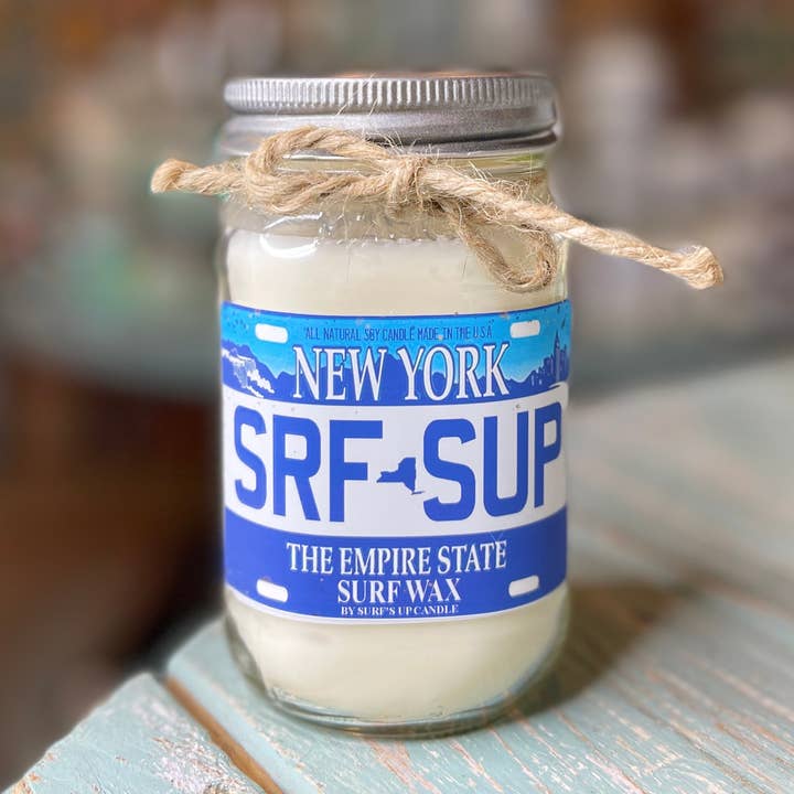 Vela Mason Jar placa de matrícula de Nueva York para venta al por mayor de Surfs Up Candle