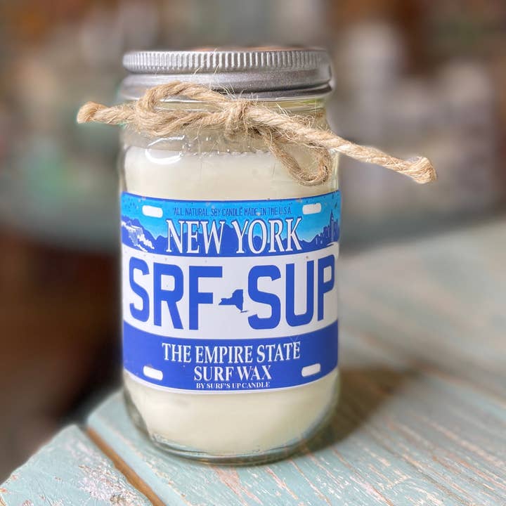 Vela Mason Jar placa de matrícula de Nueva York para venta al por mayor de Surfs Up Candle