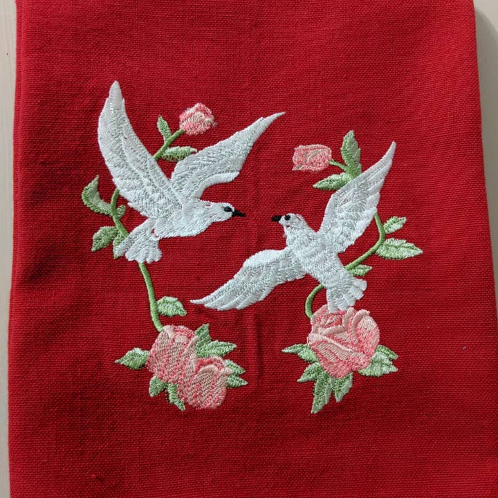 Love Doves Embroidered Tea Towel for wholesale by Sheryl's Stitchery Niche