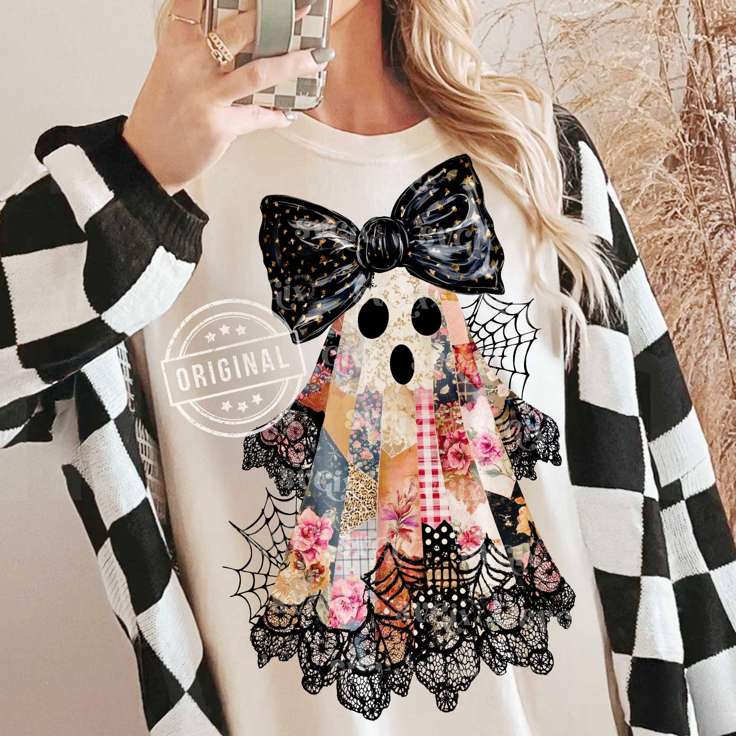 NVC Ecommerce LLC - Wholesale T-Shirt (Graphic) - Women's - Patchwork Ghost Tee, Lace Ghost Shirt, Halloween Sweatshirt1