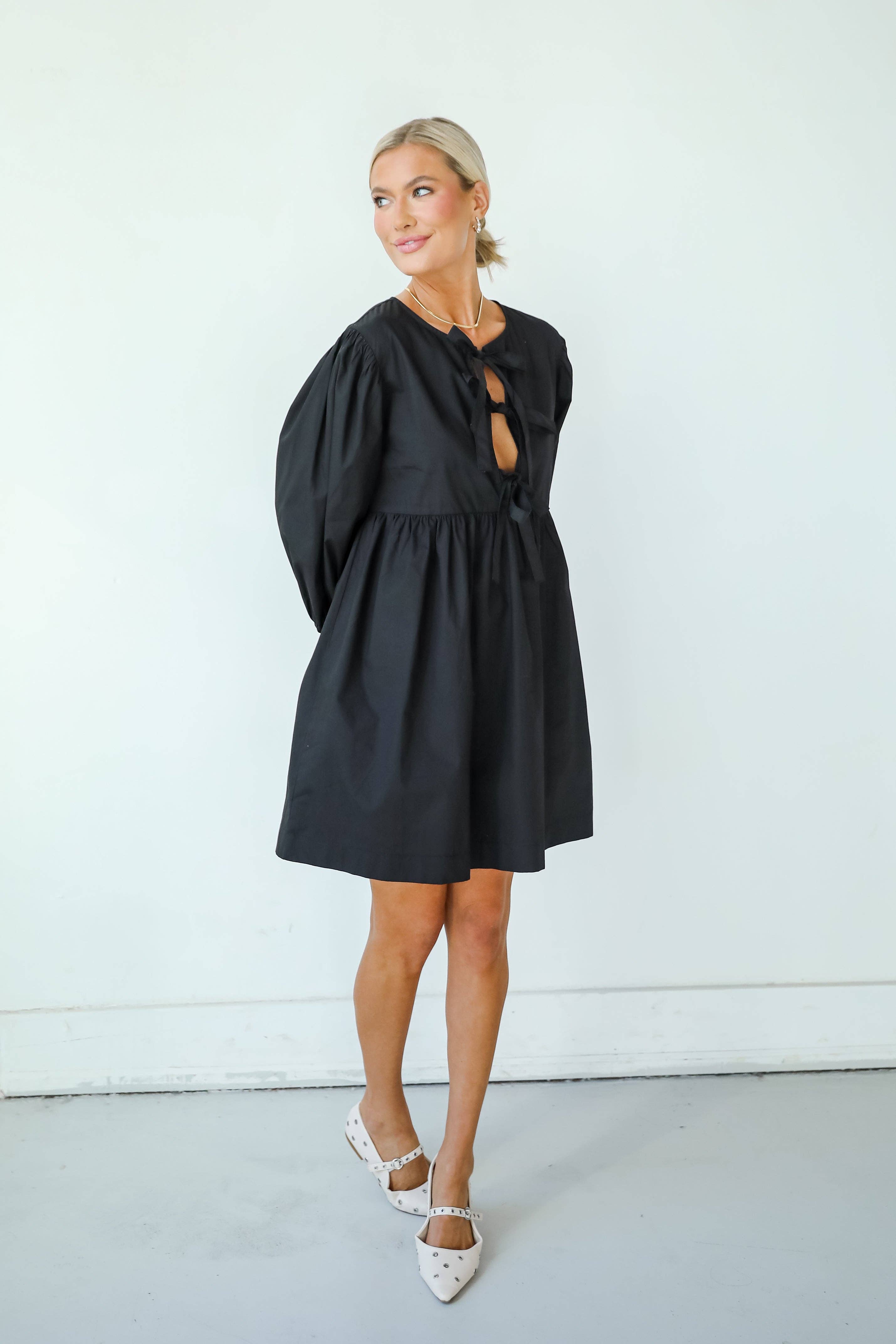 Cute Definition Black Bow Babydoll Mini Dress for wholesale on Faire6