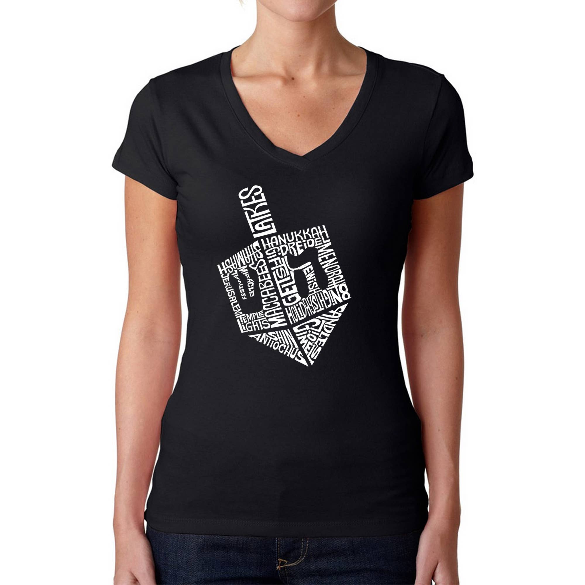 Schwarz Chanukkah Dreidel - Word Art T-Shirt mit V-Ausschnitt für Damen für den Großhandel auf Faire0