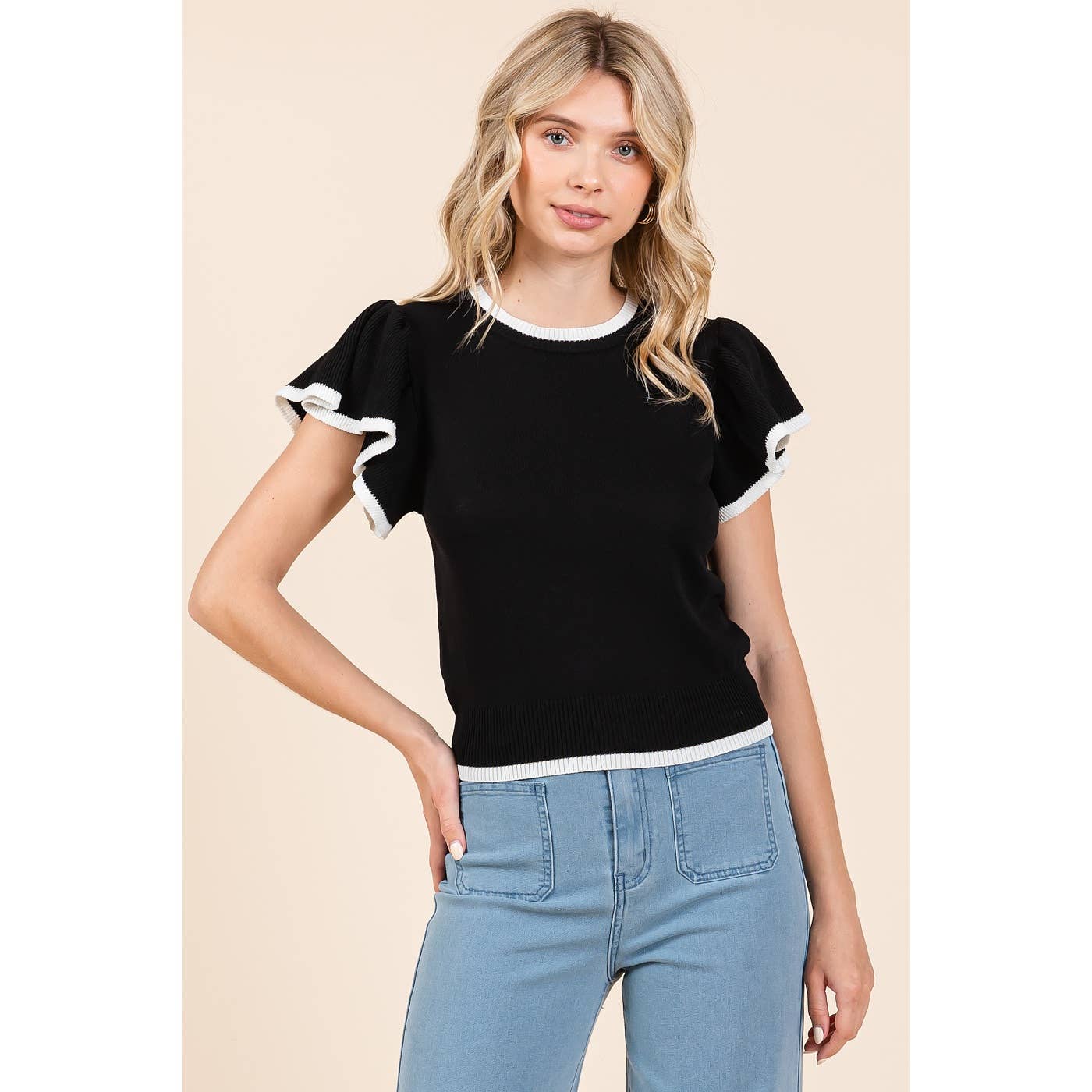 mittoshop - Wholesale Knit Top - Women's - SWEATER KNIT RUFFLE SLEEVE CONTRAST CROP TOP15